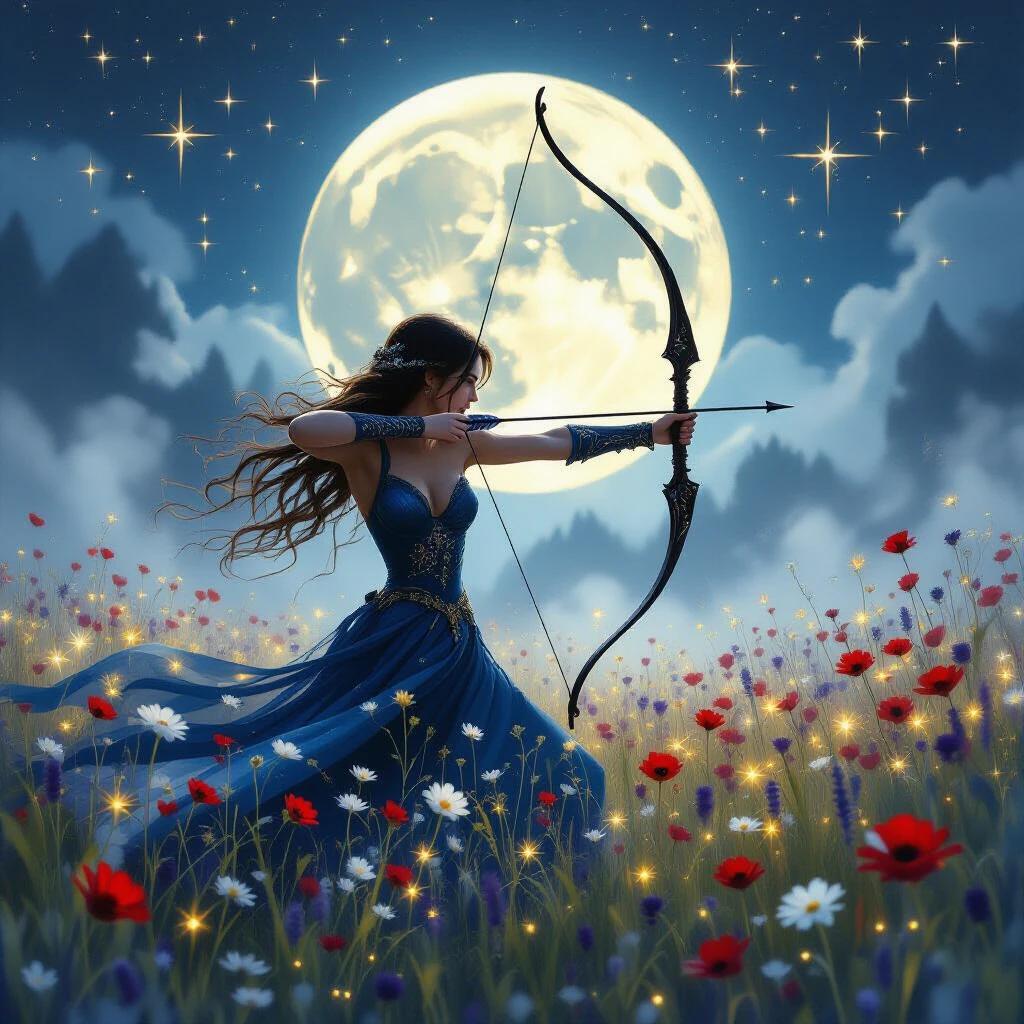 Close-up view of a moonlit archer in glowing wildflower field. Sapphire gown swirls into mist. Black-silver bow is drawn tight. Focused eyes. Radiant flowers in reds, violets, golds. Colossal moon rises behind. Edges blurred with oil brushwork. Sparkling starbursts in sky. Abstract oil painting style. Rich textures and dreamy color blending.