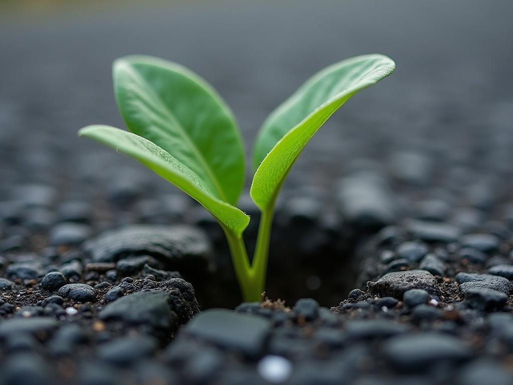 A small green plant with two broad leaves emerges from a crack in a dark asphalt road, illustrating resilience and nature's persistence. The composition is close-up, focusing on the contrast between the vibrant plant and the rough, grey surface of the pavement, with soft natural lighting emphasizing the green color of the leaves against the stark background.