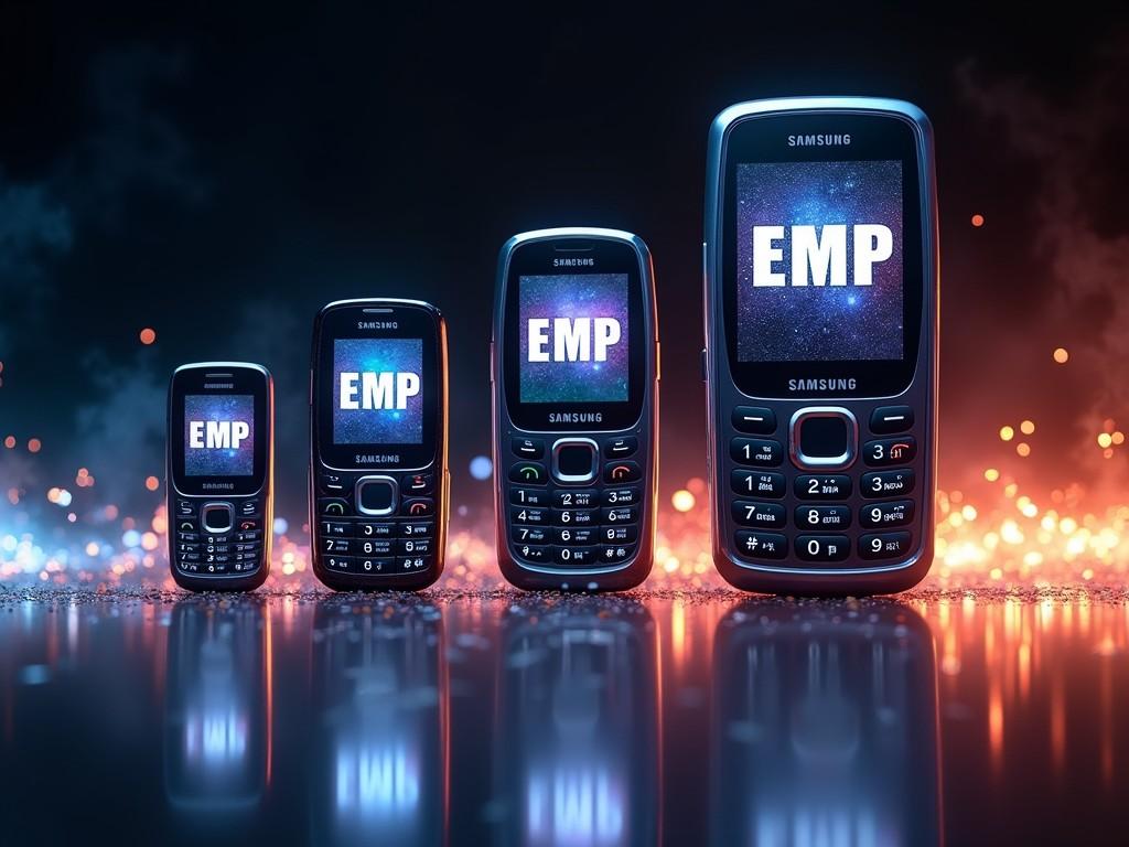 This digital artwork features four classic Samsung cell phones, aligned neatly and decreasing in size from right to left. The screens of each phone display the letters 'EMP', suggesting a theme around electromagnetic pulses. The background is a dynamic blend of fiery orange and cool blue lights, adding a futuristic yet ominous ambiance.