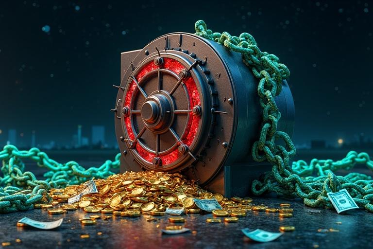 A bank vault has red cracks on the exterior. Gold coins and dollar bills spill from inside the vault. Glowing blue and green chains surround the vault. The scene is set in a dark, starry night with a faint city skyline visible. The style is futuristic blending realism and digital art.