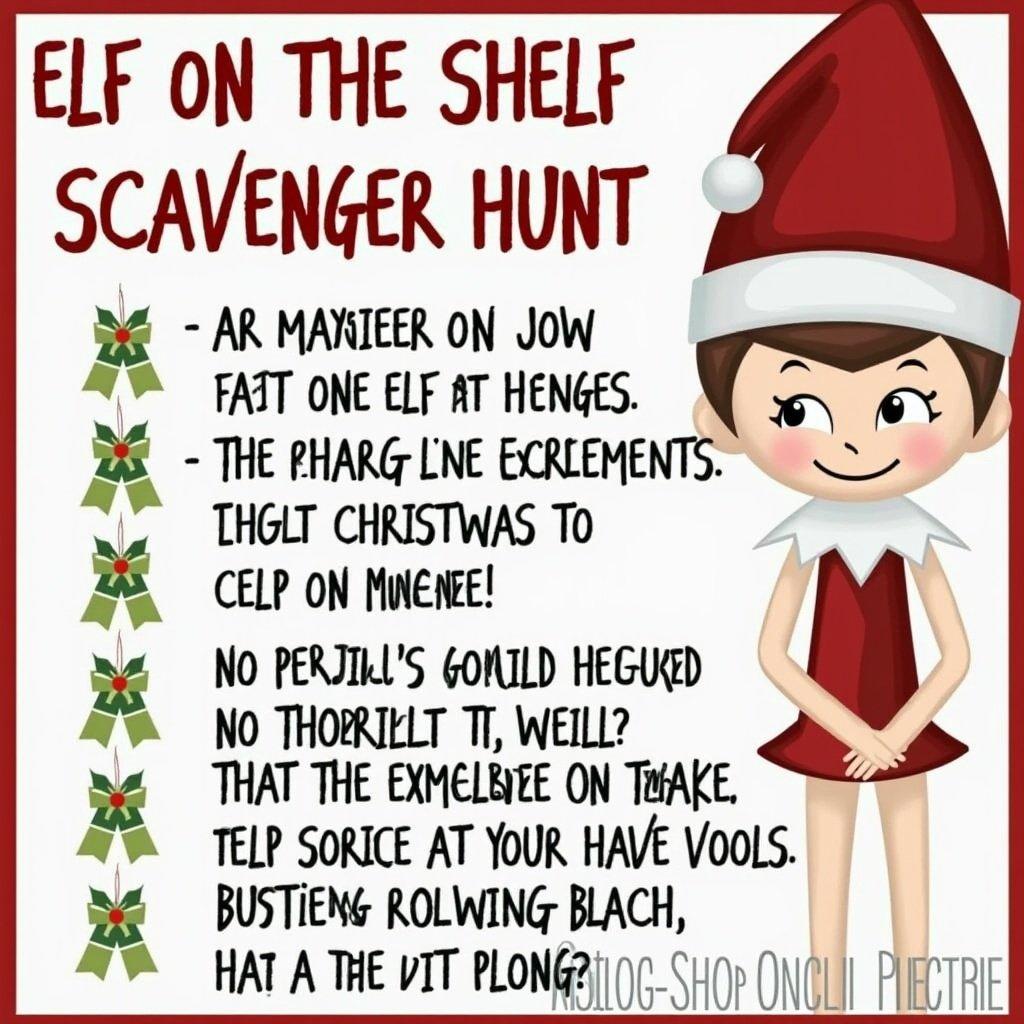 Elf on the shelf scavenger hunt theme. Engaging and festive design. Bright colors, playful font. Includes clues for holiday fun.