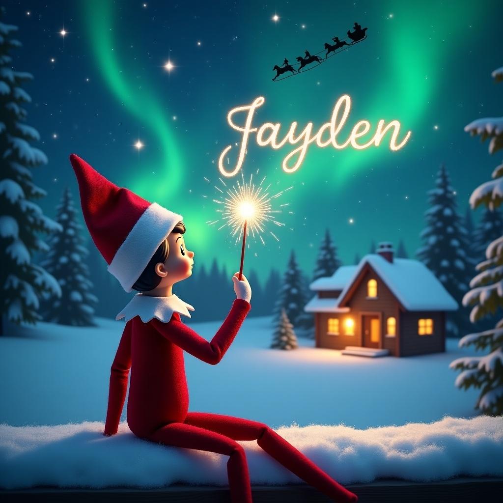 This enchanting scene features an elf on the shelf sitting on a snowy ledge, facing away from the viewer. The elf gazes up into a beautiful night sky filled with twinkling stars and vibrant northern lights. He holds a sparkling wand, writing Jayden in the air, creating a magical effect. In the background, a cozy cabin glows warmly, evoking a sense of holiday comfort. Santa and his sleigh can be seen flying across the sky, adding to the festive atmosphere. The whole image radiates the joy and wonder of the Christmas season.