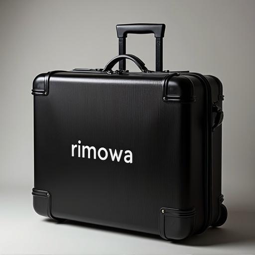 A black Rimowa suitcase prominently displaying the brand name in white capital letters. The suitcase looks luxurious and exclusive. The logo is clear and indicates high quality.