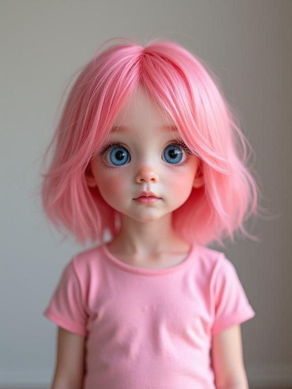 A doll with a pink hairstyle and youthful features. Doll has big blue eyes and a small chin. It wears a pink t-shirt. The background is neutral to emphasize the doll's features.