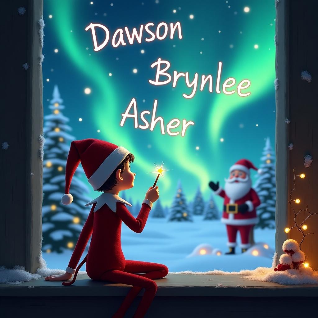 The image depicts an elf on the shelf sitting by a window with his back to the viewer. He is facing a magical Christmas scene with vibrant northern lights. The elf is using a wand to write the names 'Dawson', 'Brynlee', and 'Asher' in the sky. In the background, Santa Claus can be seen waving. The scene is full of snowy trees and a cozy atmosphere that captures the spirit of the holiday season.