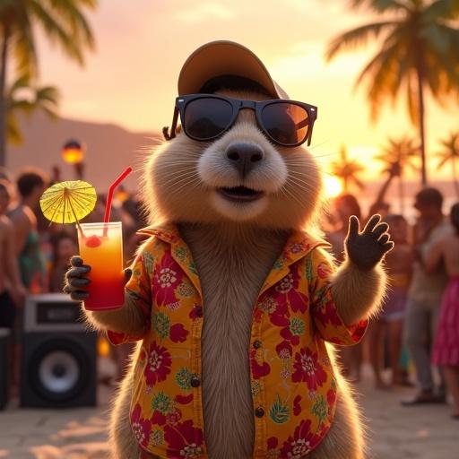 A cute chubby marmot wearing a Hawaiian aloha shirt and sunglasses holds a tropical drink. Dancing joyfully at a lively sunset festival. Small dreadlocks peek from under the cap. A crowd and DJ with reggae speakers around. The sky glows with orange and pink as the sun sets.