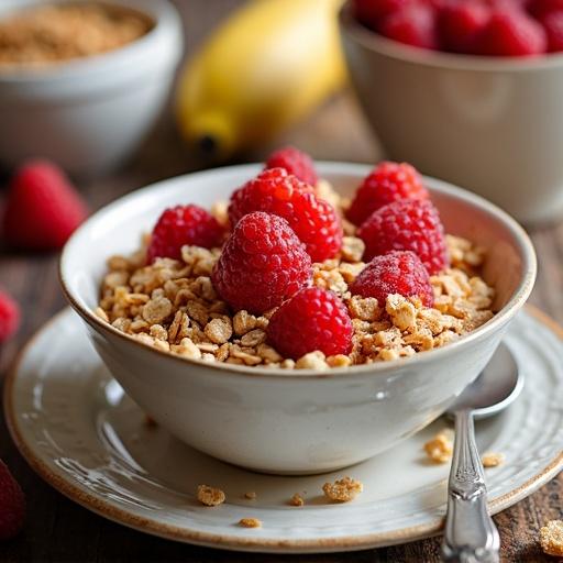 Kitchen table with red fruits, banana pieces and cereal not covering the entire table. Background shows a kitchen environment with a distant view, not in close-up.