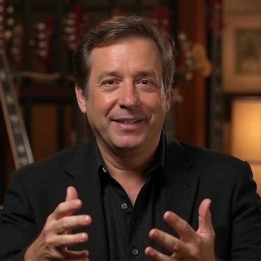 Medium close-up shot of an individual explaining theory or techniques. The angle is eye-level, with a warm-toned and softly blurred backdrop featuring a guitar rack. The individual is slightly off-center for a natural composition.