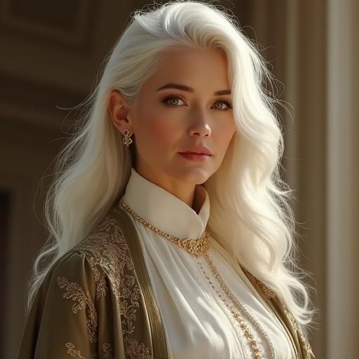 Portrait of a mature woman with long white hair. She exudes calm nobility. Outfit includes a high-collared blouse and embroidered shawl. Background is soft and blurred. Atmosphere of elegance and peace. Semi-realistic style with warm-toned colors.