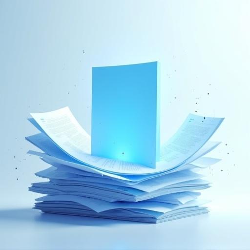 Cascading stack of research papers with scientific icons and graphs. Center features glowing blue paper. Clean white background with blue gradient. Gentle rotation of blue paper under soft spotlight. Subtle dust motes for depth. High quality, polished 3D illustration.