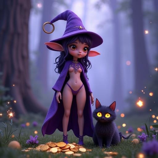 A woodland elf stands in an enchanted forest. The elf has a whimsical pointed hat and flowing cloak. A fluffy black cat sits nearby. The scene includes gold coin piles, grass, magical sparkles, and fireflies. The lighting is soft and purple-blue. The art style is 3D semi-realistic with detailed textures.
