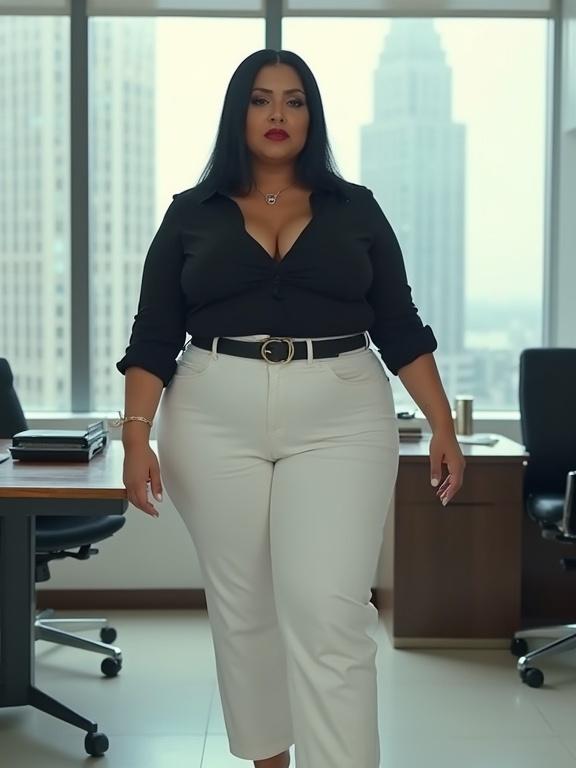 Woman stands confidently in an office space. She wears a tight-fitting black shirt and white wide-leg pants. Features straight black hair and red lipstick. Background shows skyscraper cityscape.