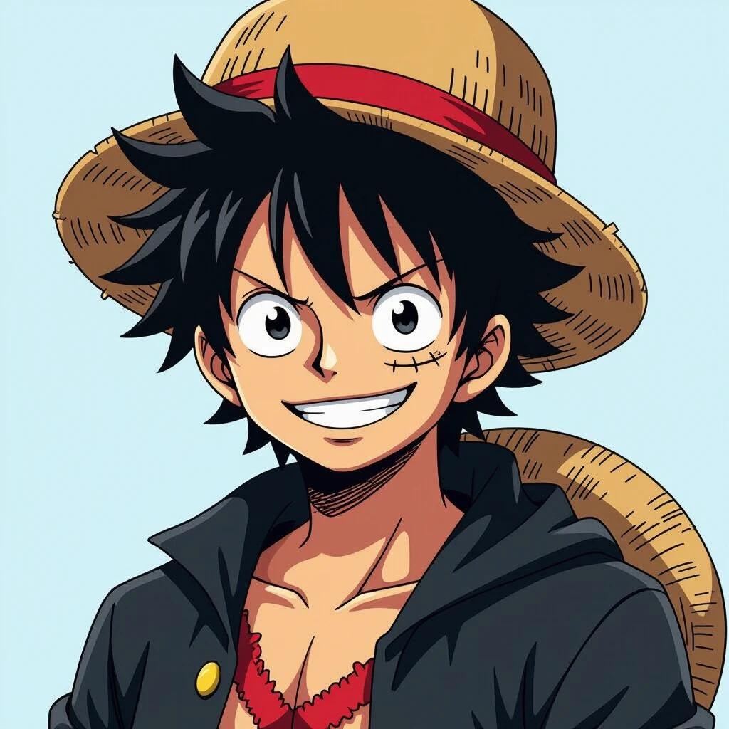 Anime style character with dark skin and spiky black hair wearing a black and red hoodie. A large sword is visible behind the character. The background is a light blue.
