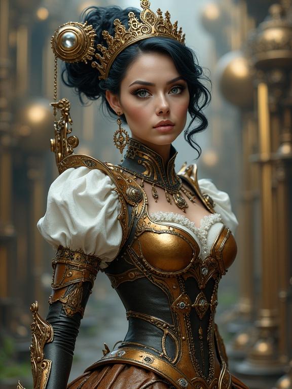 A steampunk princess poses majestically. Her outfit features intricate mechanical designs with gears. She stands in a mechanical castle filled with ornate elements.