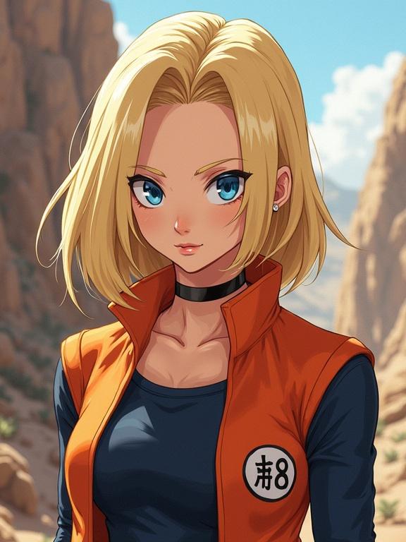 Character illustration of Android 18 from the anime series Dragon Ball. She has blonde hair and blue eyes. Wearing an orange jacket and a black top. Background features a rocky landscape under a bright sky.