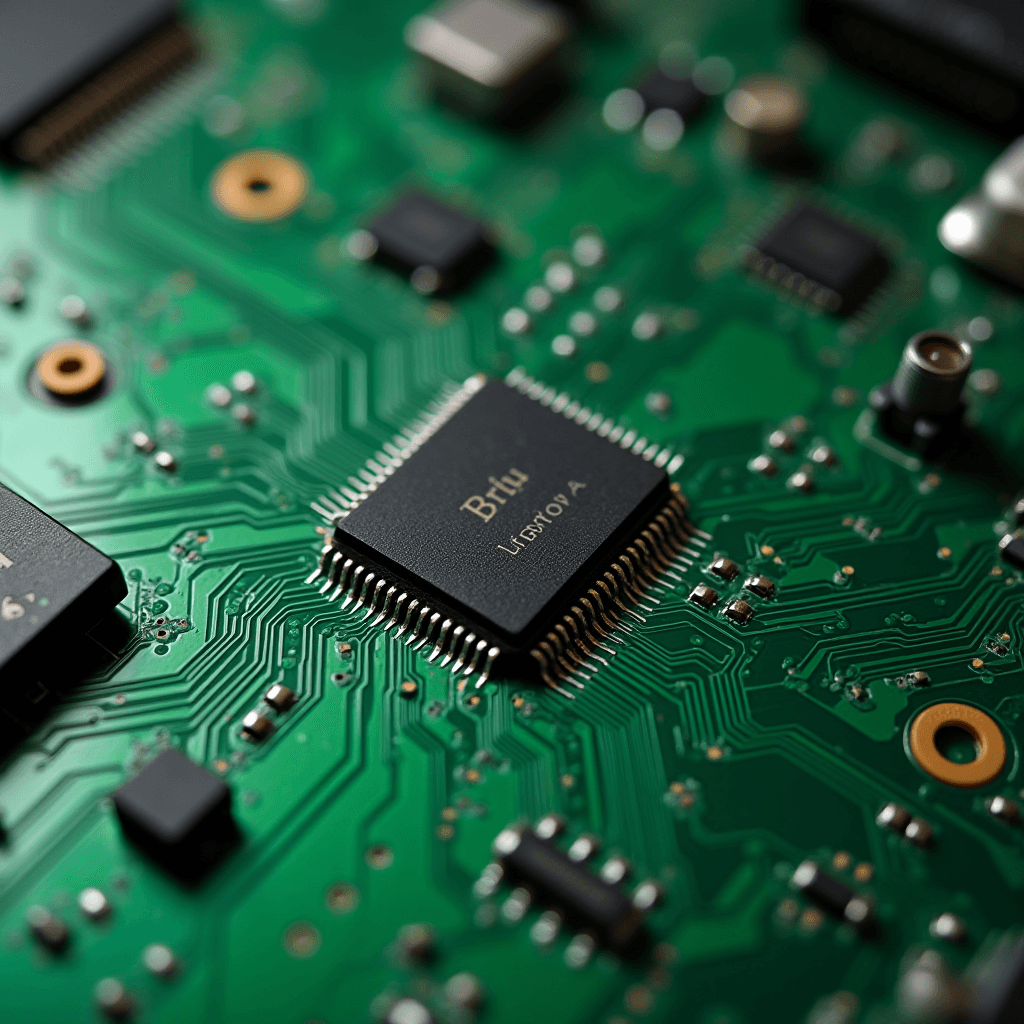 A close-up view of a computer microchip intricately placed on a green circuit board, showcasing modern technology.