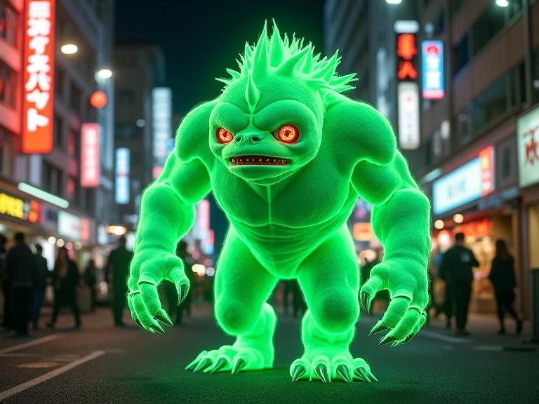 A green neon monster walks on the streets of Tokyo. The monster glows brightly with green luminescence. Red eyes shine menacingly. The background is a busy Tokyo street filled with neon signs and city life. The scene captures a vibrant urban atmosphere.