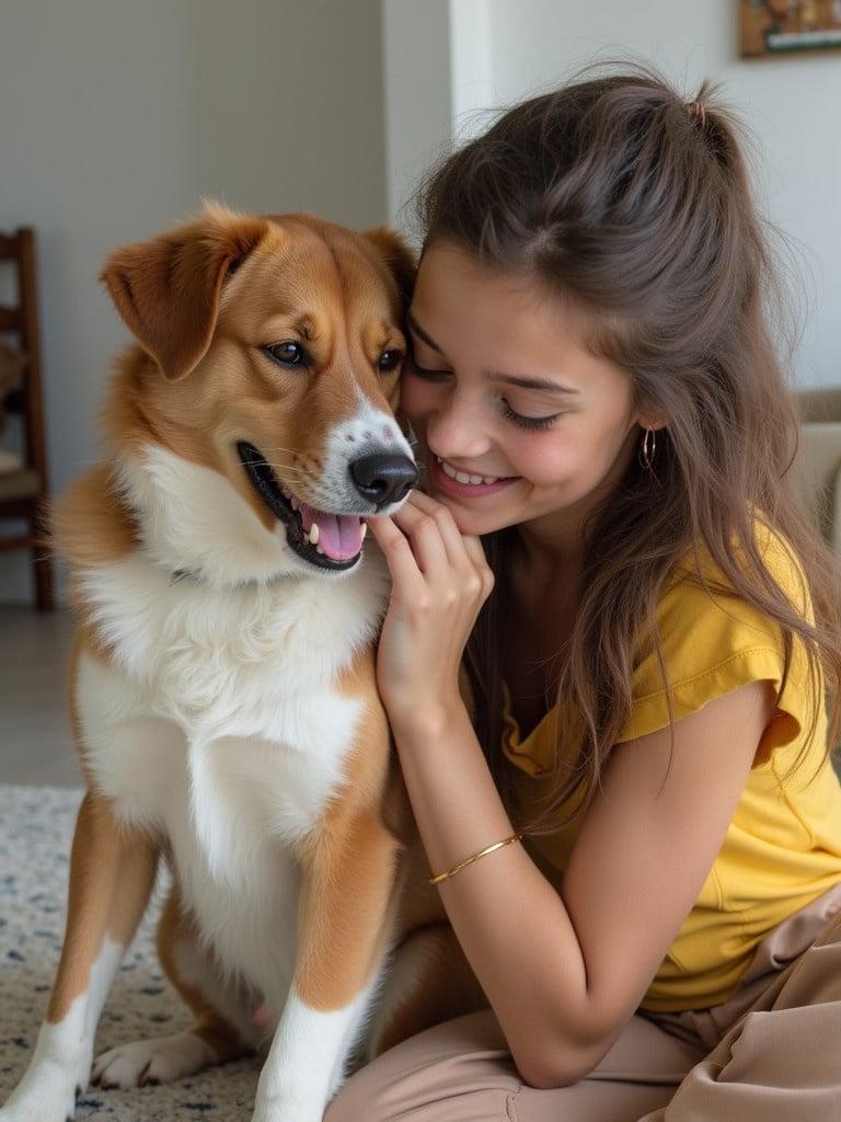 A person tickling a cheerful dog at home. The dog smiles happily. The person shows affection. A cozy indoor setting with soft lighting.