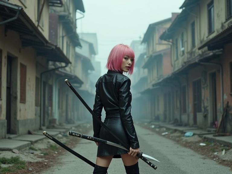 A woman stands confidently in a desolate urban area. She has pink hair and wears a black leather skirt and jacket. She holds exquisite swords. The scene feels cinematic and apocalyptic.