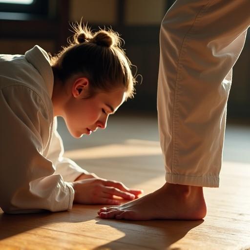 Close up view of a kneeling female karate fighter. She's leaning forward with elbows on the floor. She looks down at the wooden floor. Asymmetrical hairstyle with one side undercut and the other long. Wearing a karate gi. Sunlight reflects on the dojo floor. Another female fighter presses her foot on the neck of the kneeling fighter.