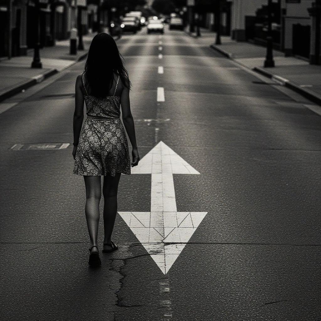 Foreground has silhouette of woman in dress walking on a one lane street. Road has large arrow painted pointing away from viewer. Black and white theme enhances mood.