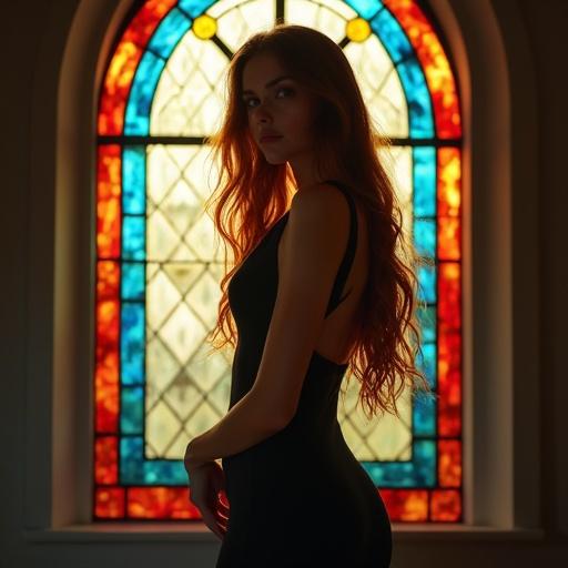 A woman stands in front of a stained glass window. She has long auburn hair. She wears a fitted skater dress. Her expression is serene and mysterious. The window has vibrant colors.