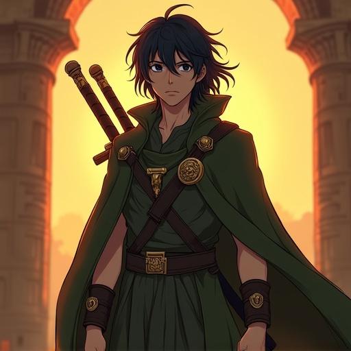 Anime style digital illustration featuring a young man wearing a dark olive cloak. He wears a ranger outfit with two short swords and an investigator badge. The background shows an old papyrus. Soft warm light suggests either sunrise or sunset with dramatic shadows highly cinematic composition.