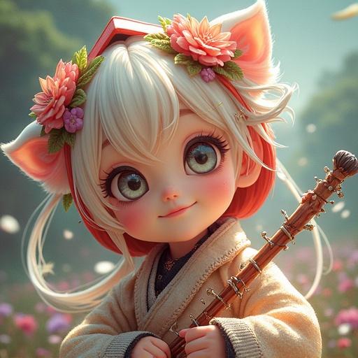A cute character with animal ears and flowers in hair, holding a musical instrument, appearing in a whimsical fantasy setting with soft colors.