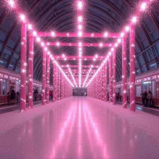 A beautifully designed icy area at Hamburg Hauptbahnhof. The walkway features pink lighting and a vibrant atmosphere. The interior architecture is modern and spacious, and there are people enjoying the space.