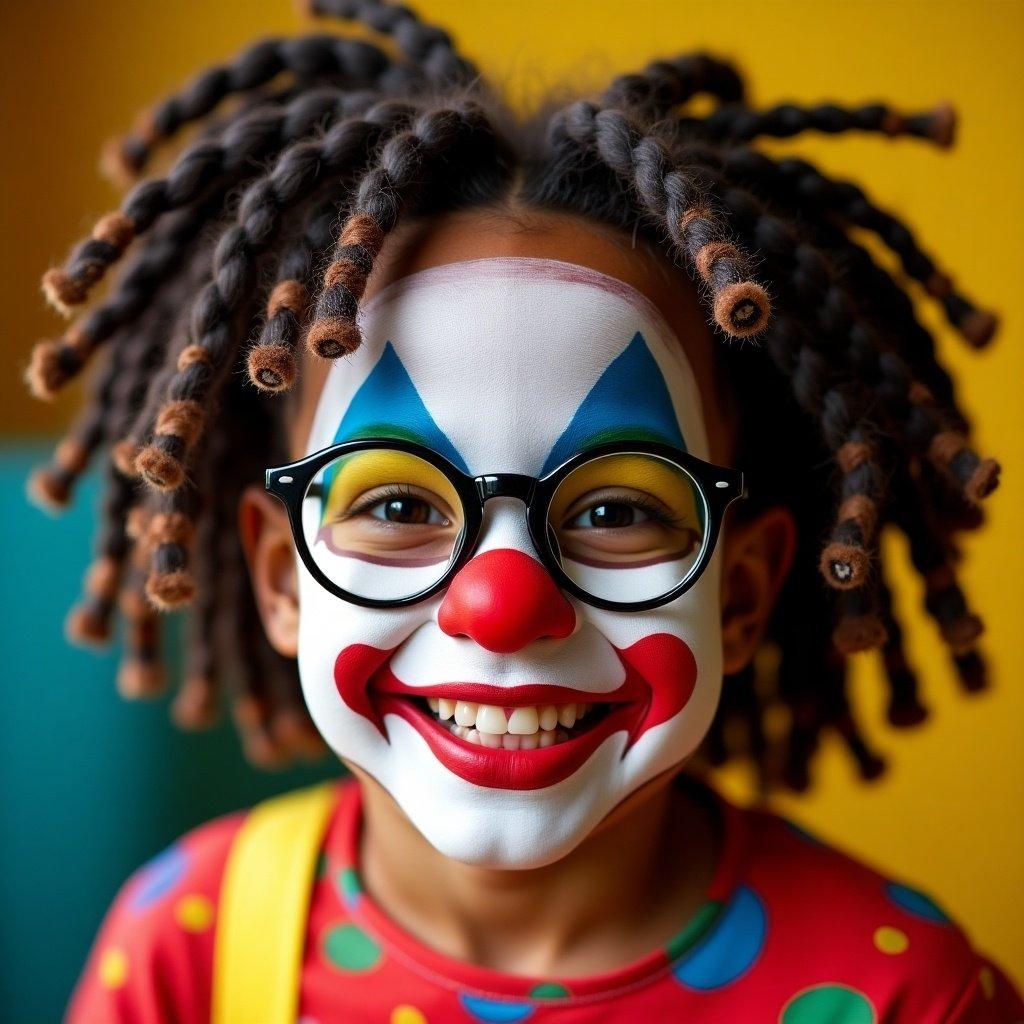 Black girl with dread locs wearing glasses. Brightly colored clothing. Cheerful environment.