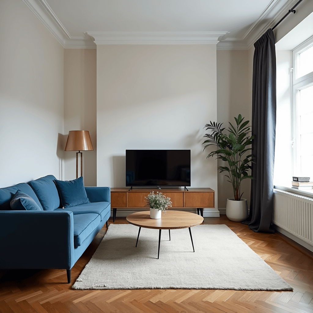 A modern living room featuring a blue sofa, a TV on a wooden stand, a round coffee table, and a large leafy plant next to a window with grey curtains.