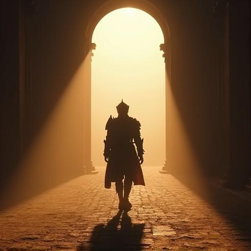 A young warrior walks slowly from the rear of the royal arena. Body outlined in silhouette against the bright light. Heavy footsteps. Long shadow behind him. Armor gleams faintly.