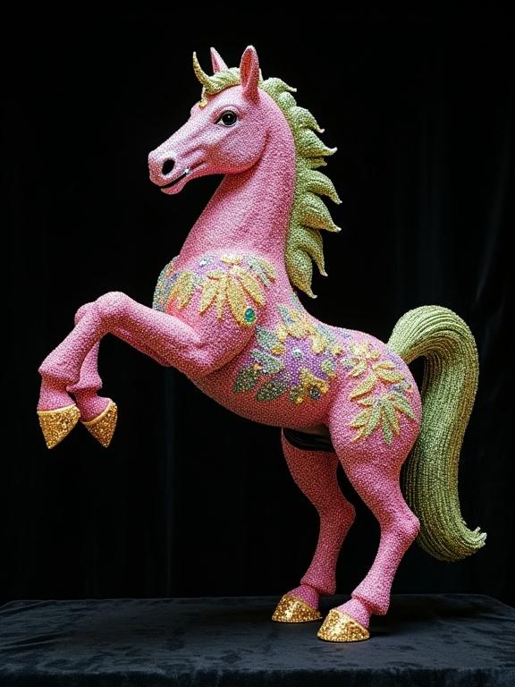 A majestic fantasy horse sculpture encrusted with multicolored Swarovski crystals. The sculpture has glowing cannabis leaf patterns on fur and tail. The horse stands upright on two legs in a playful pose. The dazzling gemstones are in pink, green, gold, and violet. The scene is illuminated with studio lighting against a black velvet background. The style is highly detailed, surreal glamor, and hyperrealist, inspired by Fabergé and Jeff Koons.