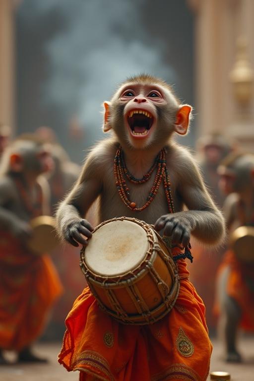 Close-up of a joyful monkey playing a traditional Indian drum. Monkey wears colorful South Indian dhoti and shirt. Other monkeys play brass cymbals and tambourines behind. Blurred temple pillars and incense smoke in background. Ultra HD.