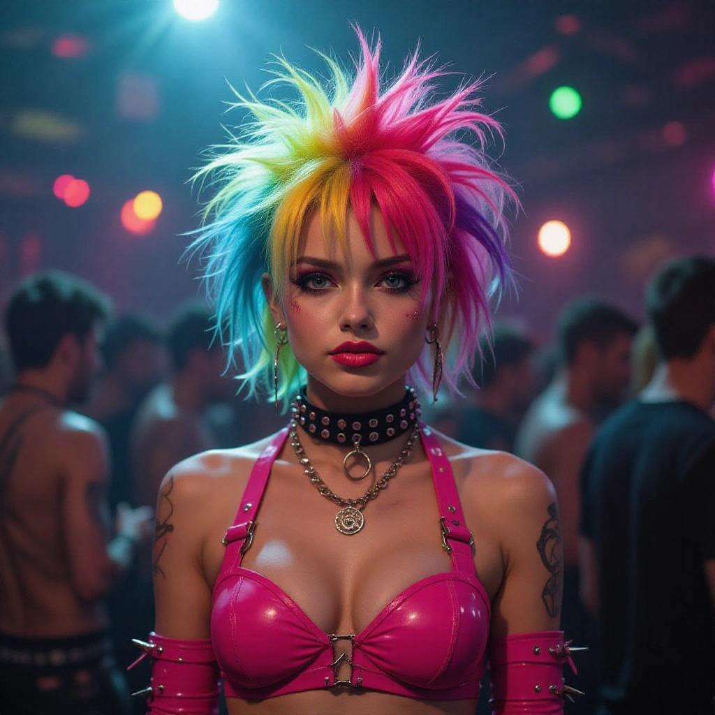 Photo of an 18-year-old punk girl wearing a pink dominatrix outfit with spiked rainbow hair at a rave party. Nightclub setting with colorful lighting and party atmosphere.