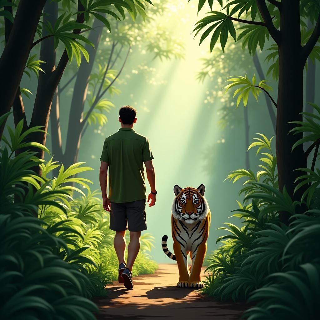 Man and tiger walking together in a jungle. Tall trees and rays of sunlight. Lush green foliage surrounds them. A sense of adventure and harmony with nature.