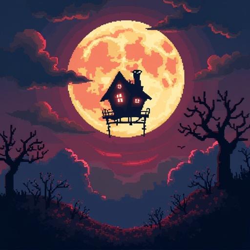 Pixel art illustrating a large moon with menacing features over a haunted house. Dark trees cast eerie shadows. A sense of horror and mystery is present.