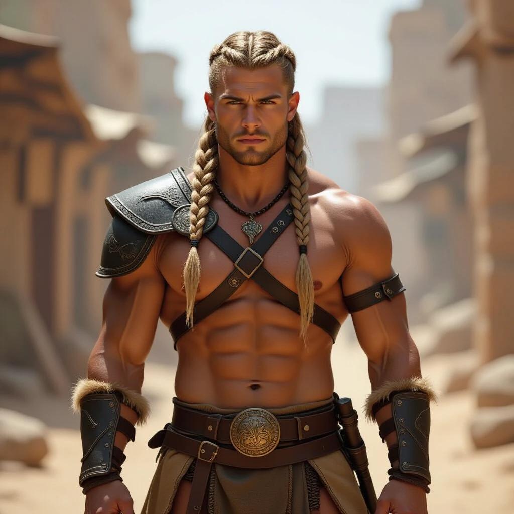 Warrior with tanned skin and braided blonde hair. Light leather armor worn over a tattered loincloth. Background features ancient structures under bright sunlight.