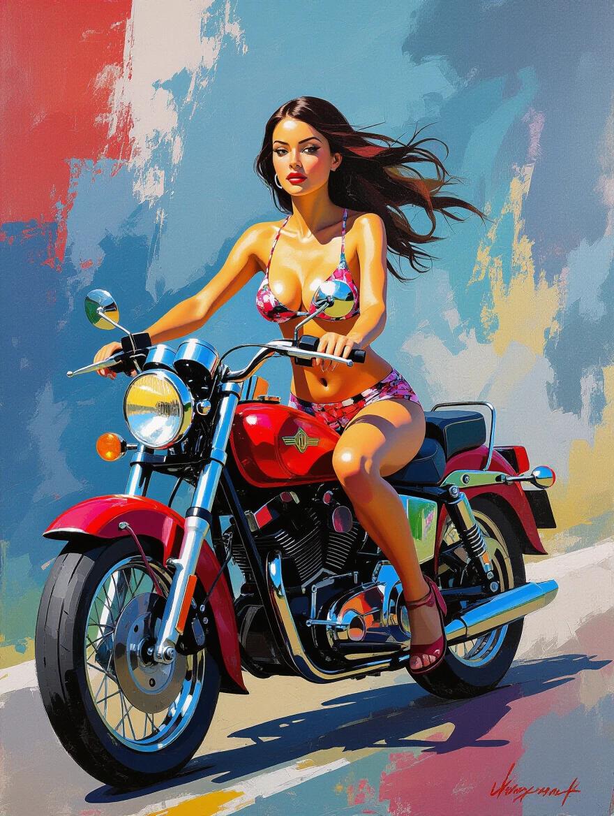 Gothic bikini lady rides a classic motorcycle. Vibrant artwork with bold brushstrokes and dynamic textures. Abstract expressionist style evokes energetic spontaneity.