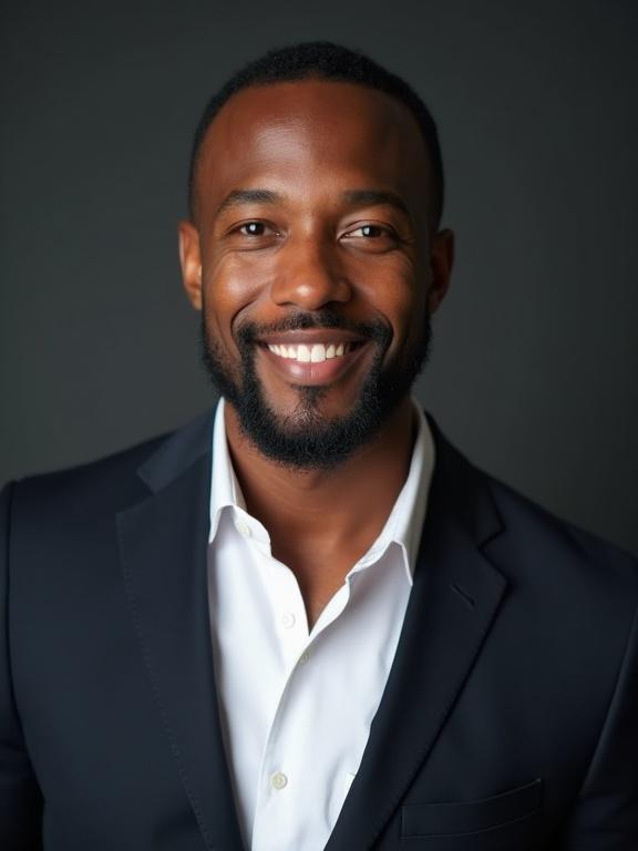 Photo-realistic portrait of an African-American male motivational sales coach aged 38. Energetic demeanor with a closed-mouth smile and direct eye contact. Clean-shaven with neat short hair. Dark tailored blazer over a crisp white shirt. Subtle lapel microphone. Studio lighting with soft key and fill lights against a dark gray backdrop. Focus on face and upper torso, realistic skin texture, natural color grading, high resolution.