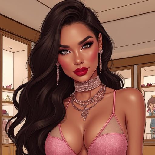 Anime character with long dark brown hair. Wearing sexy sheer popstar streetwear. Beautiful face with silver eyes. A lot of rose gold pink jewelry. Inside modern luxurious store. Big breasts. Looking glamorous. Beverly Hills shopping.