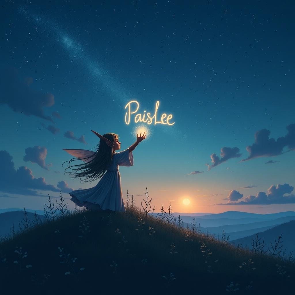 Whimsical scene features girl elf-like figure on a hill under a starry sky. Elf gracefully writes 'PaisLee' in glowing light. Soft twilight hues illuminate the landscape. Elf holds sparkling wand. Enchanting setting evokes wonder.