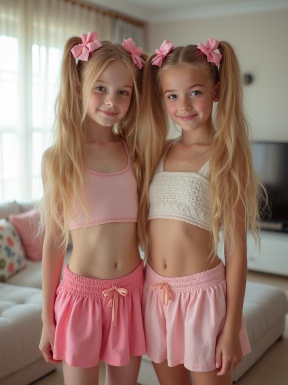 Two girls standing in a living room. Both have long blonde hair in twin tails. They wear pink bows. They have slim waists and are smiling. The room has a cozy atmosphere with natural light.