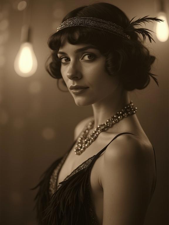 Vintage photo of a stunning woman in a 1920's flapper dress. She has a symmetrical face and beautiful eyes. The image shows a cozy underground club with soft lighting. The woman wears beads and a feather in her hair. The photo has a sepia soft focus vignette style.