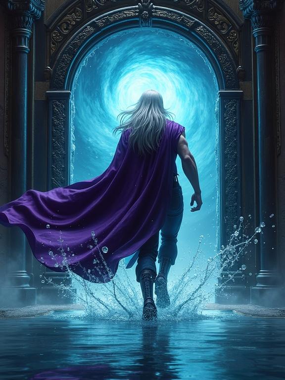 Digital artwork of a punk-gothic Vampire King with long grey hair, purple cape, emerging from a mystical portal. The portal has swirling blue water and is framed with ornate black stones. The Vampire is rushing towards the camera, splashing water. The scene includes a reflective pool of water, deep red and shimmering gold colors, emphasis on dynamic lighting and water effects.