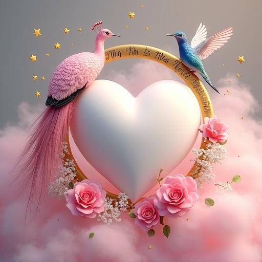 Digital artwork features a large white heart with pink roses and baby's breath. The heart is surrounded by pink smoke and framed by a golden ring with script. A pink peacock is on the left and a blue hummingbird on the right. Golden stars float around the scene against a gray background. The image radiates romance and charm with a soft color palette.