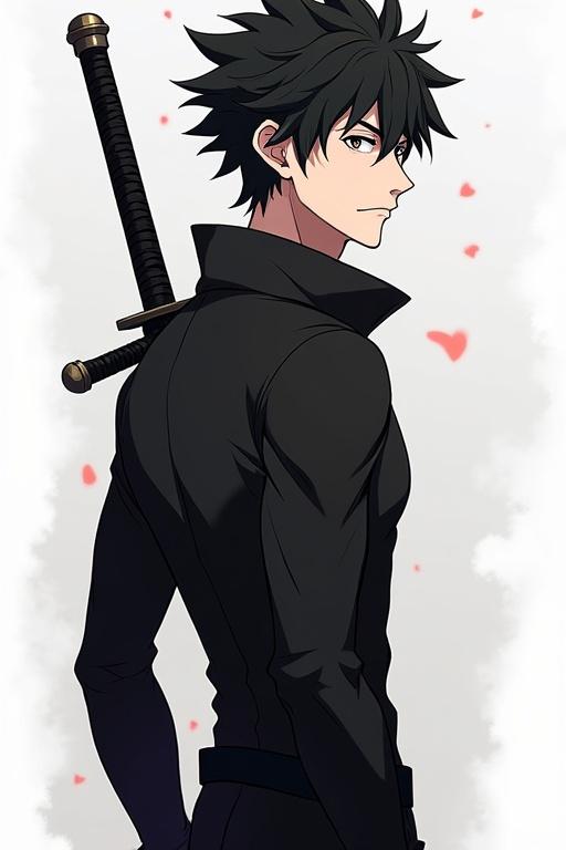 Anime style character design with black spiky hair. He wears a tight black outfit and has a sword on his back. A light beard is visible. The character appears to be between 19 and 20 years old.