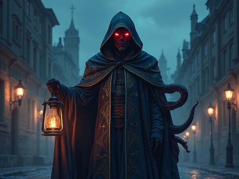 A corrupted malevolent bishop stands in a Victorian-style port city. The figure is dressed in an ocean-colored mantle, hooded. Only the lower face and neck are visible with glowing red eyes. In one hand, a lantern lights up the dark. Tentacles extend from the other sleeve. The scene is enveloped in dense fog, evoking horror and fear.