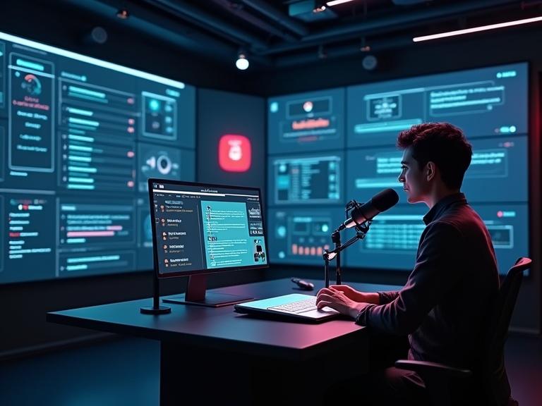 Secure futuristic AI chatbot interface in Persian language. Digital control room with dashboards. Various user roles access data. Person speaking into a microphone. Chatbot responds with glowing audio wave. High-tech elegant environment with dark blue and red accents and soft lighting.