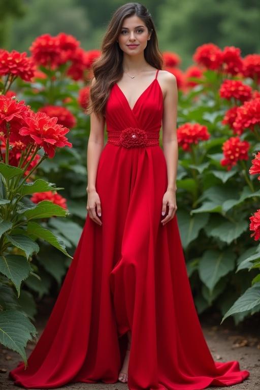 Woman wears striking red dress. Woman stands in front of vibrant red flowers. Surrounding lush greenery enhances the beauty.